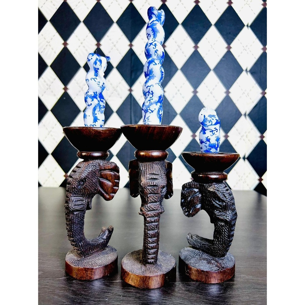 Hand Carved Zimbabwe Wooden Elephant Candle Holders Set of 3 African Safari - Picture 12 of 15